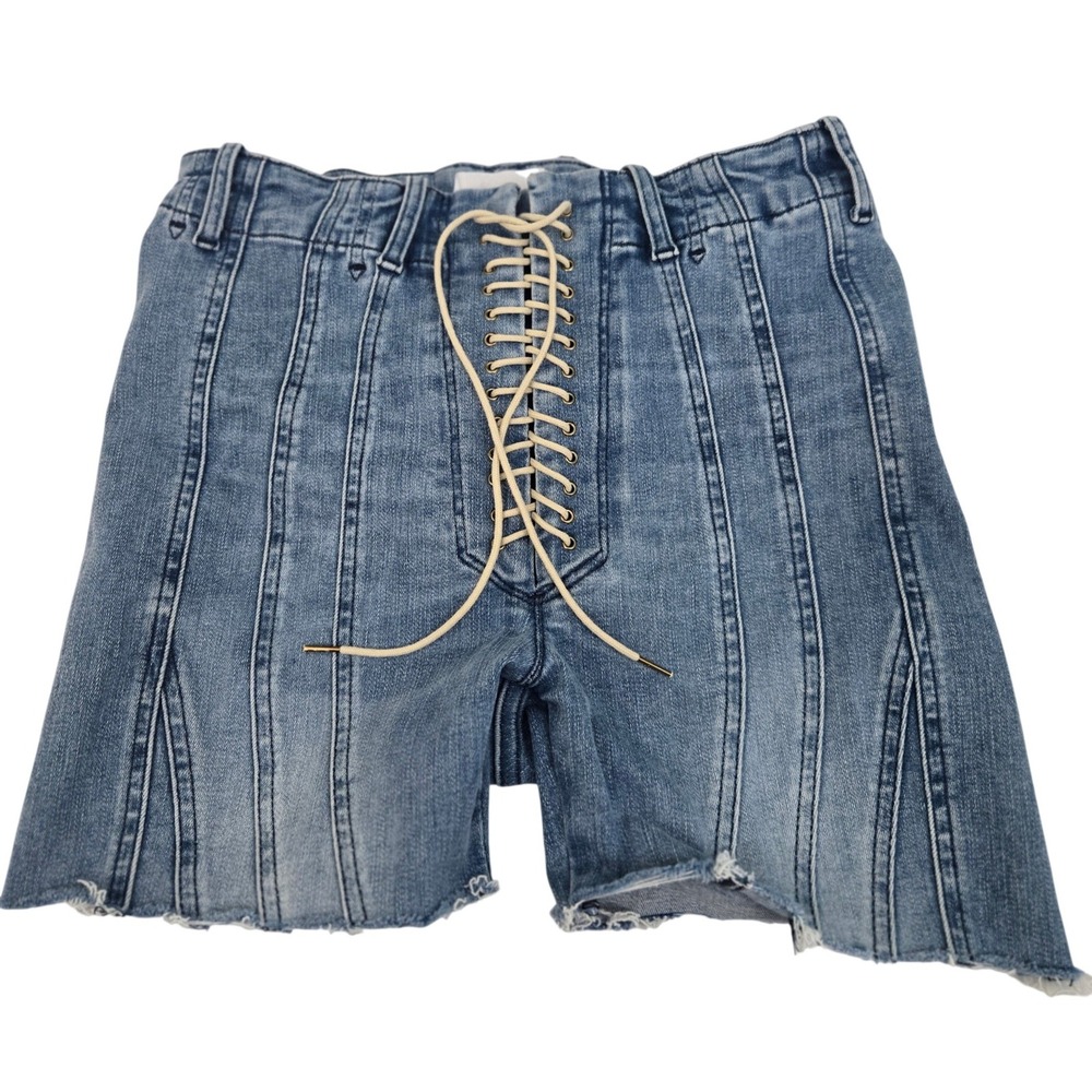 FRAME Le Jane Lace Up Denim Shorts Distressed Raw Hem Blue Sz 25 Lt Wash Paneled